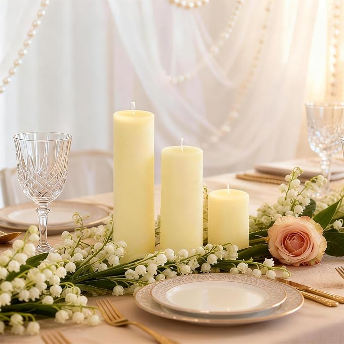 Ivory Pillar Candles, 6-Pack Bulk Set in 3 Sizes (3, 6 & 8 Inch - 2 Each). Dripless, Unscented & Smokeless Hurricane Candles for Weddings, Parties & Home Decor.