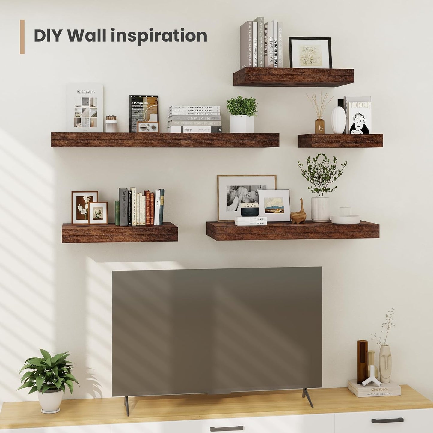 Heimlove 12 Inch Deep Floating Shelves, 16 x 12 inches Long Wall Shelf, Large Extra Display Shelf & Storage Shelf, Rustic Wood Wall Shelves for Fireplace Mantel, Brown - 2Pack