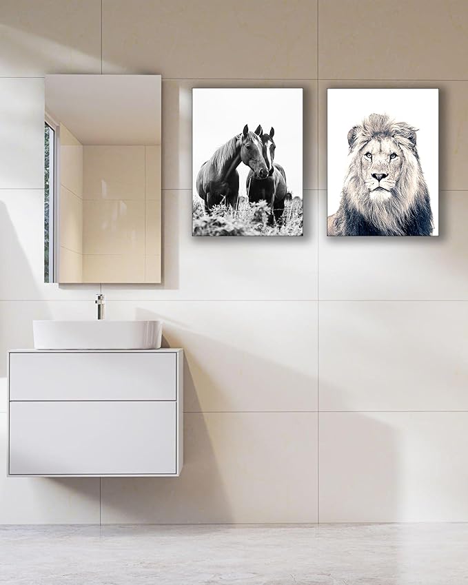 UPWOIGH Bathroom Wall Art Decor, Black and White Lion Wall Art, Waterproof Wood Framed Canvas Wall Art Animals Abstract Prints, 12"x16" High-end Pictures for Dormitory Kids Room 1 Pack