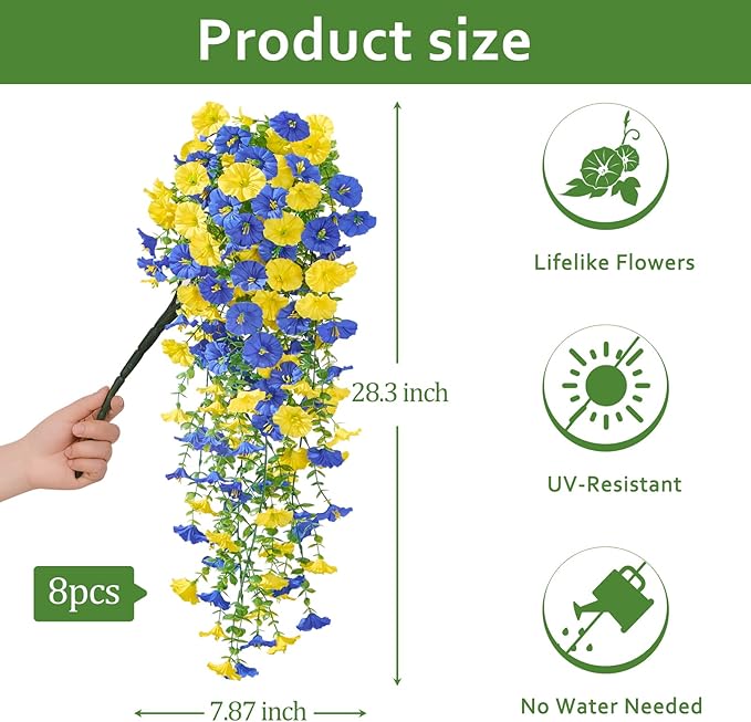 Serwalin Artificial Hanging Flowers for Outdoors UV Resistant, 8PCS Faux Morning Glory Fake Outdoor Flowers Realistic Silk Flower Faux Plants for Outside Planter Front Door Porch Patio Yard Decor
