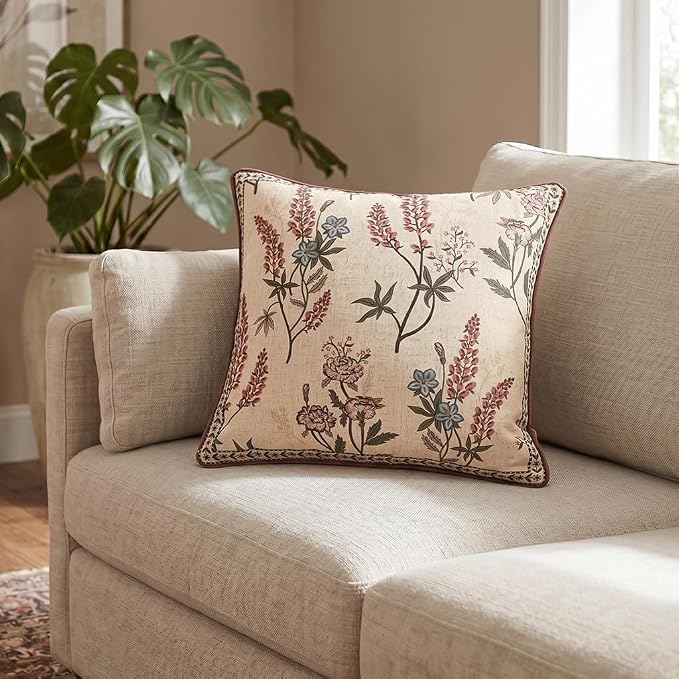 ISAENNE Designer Linen Throw Pillow Cover,Set of 2,18"x18"-Helena A | Vintage Elegant French Square Pillow Cover,Concealed Zipper Design,Floral Pattern,Sofas,Bedroom,Living Room,Lounge Chairs