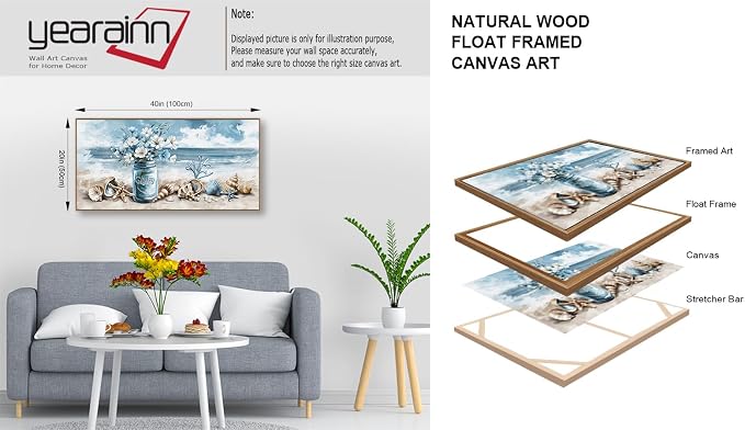 yearainn Coastal Framed Wall Art - Rustic Jar Flowers Canvas Pictures Wall Decor Seashells Seaside Painting Artwork Ocean Landscape Prints Living Room Office Home Decor Natural Wood Frame 40" x 20"