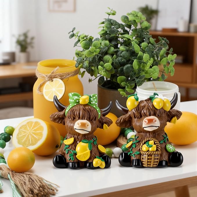 Wesiti 2 Pcs Lemon Highland Cow Figurines Summer Highland Cow Gnomes Scottish Resin Statue Calf Lemon Gifts for Spring Home Garden Kitchen Office Tiered Tray Table Decor