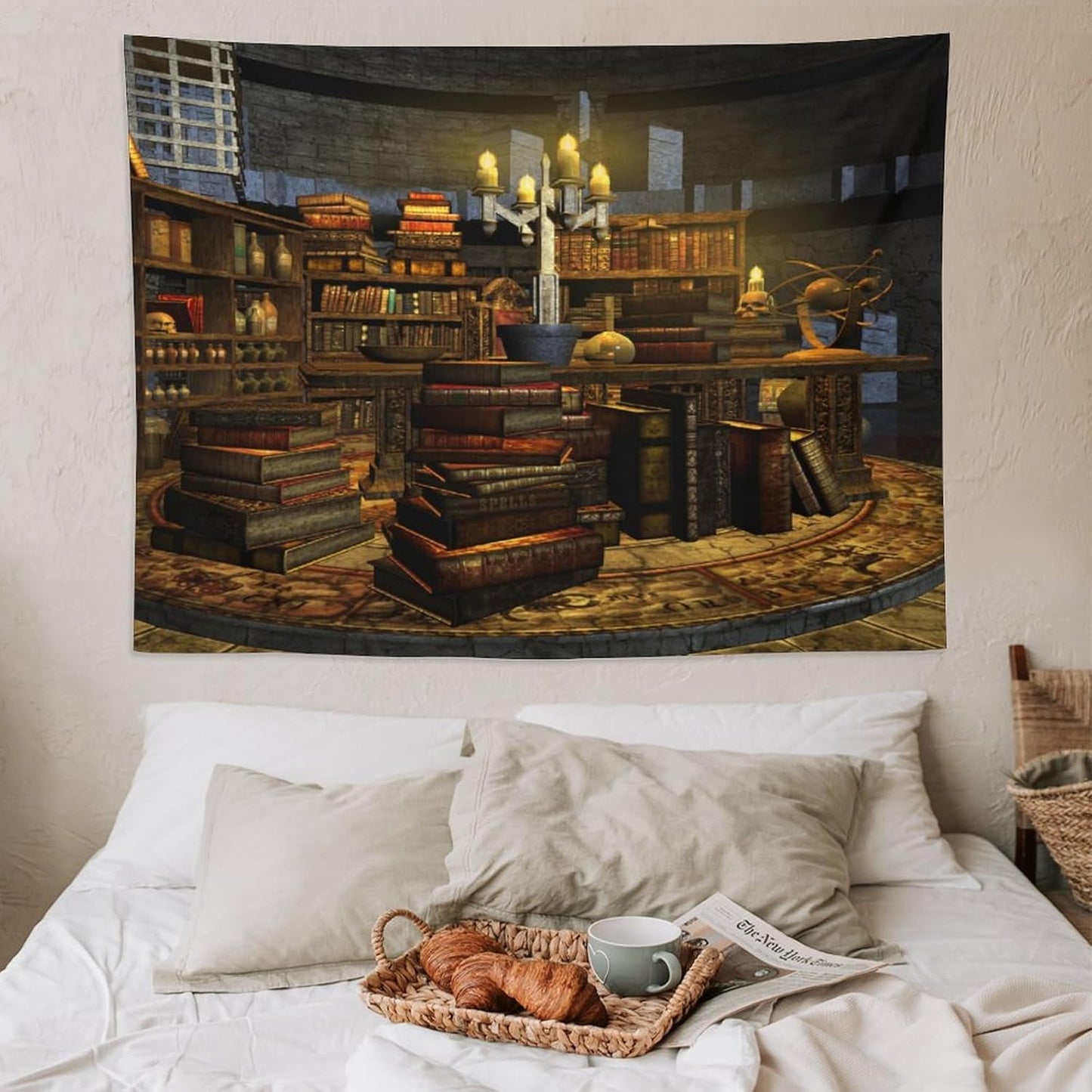 Kurtect Library Tapestry,Vintage Medieval Bookshelf Wooden Bookcase Antique Magic Art Tapestries for Party Beach Picnic Blankets Tablecloths Living Room Wall Deocr, 60x80 in