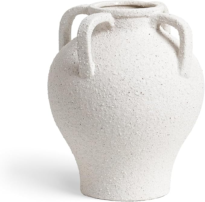 White Ceramic Vase with 4 Handles, 8.8" Rustic Farmhouse Centerpiece - Decorative Flower Vase for Living Room, Table, Bookshelf, Mantel, Entryway & Wedding Home Decor (Rock Sand White)