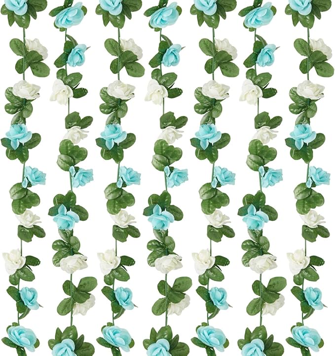 PONKING 6 Pcs x 8.2 ft Flower Garland Artificial Rose Vine Flowers with Green Leaves Hanging Fake Roses Vine for Room Party Home Wedding Birthday Christmas Wall Arch Decor, White Blue Flower