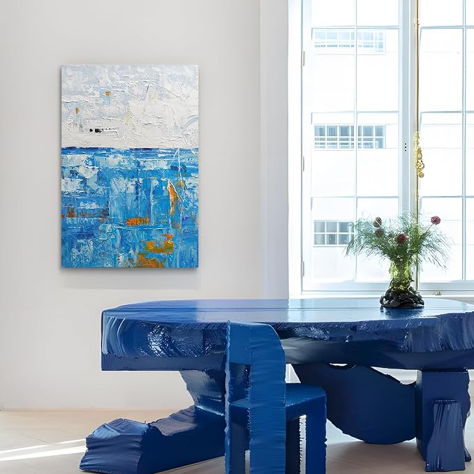 Modern Abstract Blue Textured Oil Painting Canvas Wall Art for Living Room | Large Coastal Wall Decor for Living Room Bedroom Office Hallways, Minimalist Hand-Painted Artwork Housewarming Gift, 24x36"