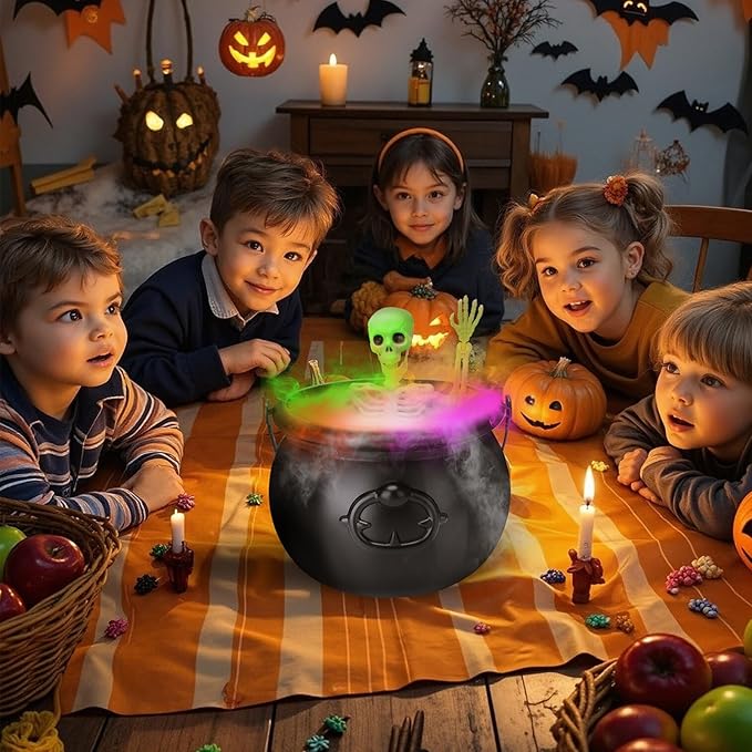 Halloween Decorations Indoor - Witch Cauldron with LED Fog Maker & Poseable Skeleton - Spooky Hocus Pocus Party Decor for Home, Table, Mantel, Kitchen - Vintage Magic Brew Cauldron Set