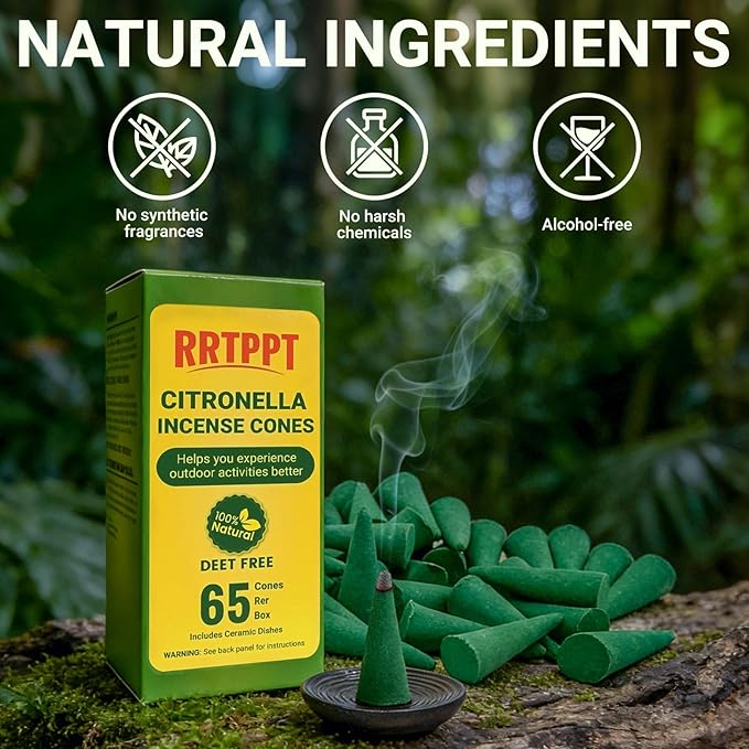 Citronella Incense Cones with 2 Ceramic Dishes | Made with Plant-Based Ingredients | Citronella | Lemongrass Oil | Rosemary Oil | Suitable for Indoor and Outdoor Use (65 Cones)