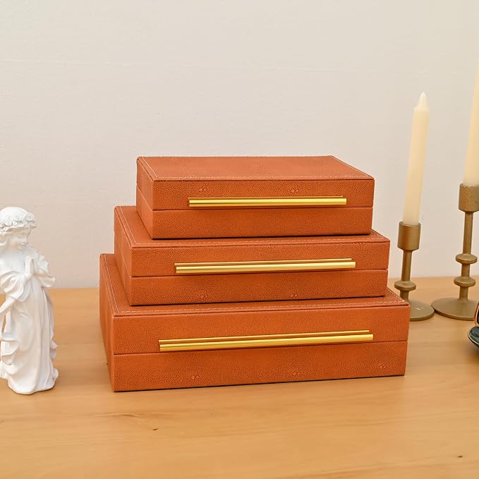 DECOR4SEASON Faux Shagreen Decorative Storage Boxes – Set of 3 Stackable Jewelry Organizers with Gold Metal Handles & Velvet Lining, Modern Burn Orange Box for Vanity, Entryway & Coffee Table Décor
