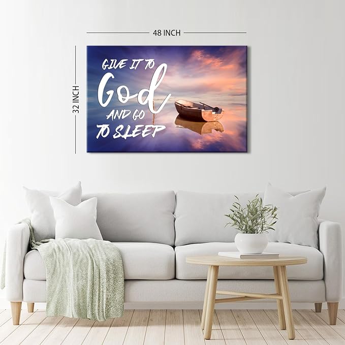 Christian Wall Art for Bedroom Give It to God and Go to Sleep Sign Canvas Prints Office Decor Boat Beach Picture Religious Poster Bible Verse Painting for Living Room Kitchen Home Decorations 32x48''
