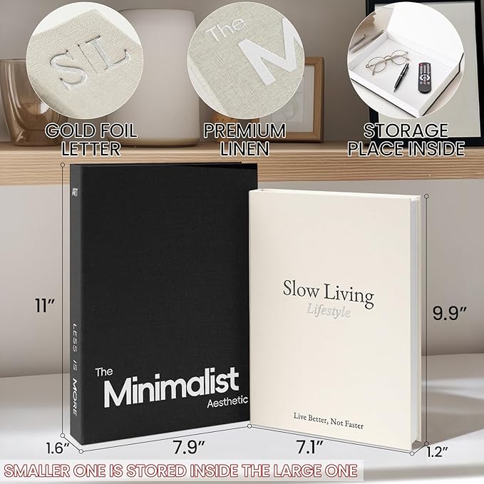 Minimalist Decorative Books - Fake Books Storage Box for Decoration - Set of 2 Linen Coffee Table Decor - Photo Storage Keepsake Box for Room Bookshelf Decor, Black