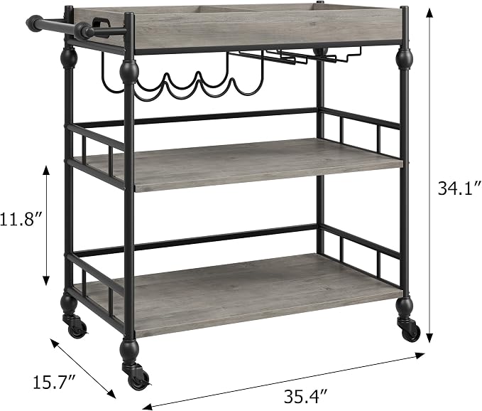 IDEALHOUSE Bar Cart, Bar Carts for the Home, 3 Tier Bar Cart with Wheels, Portable Home Bar & Serving Carts, Rolling Cart with Wine Rack and Removable Tray for Living Room, Kitchen, Dining Room