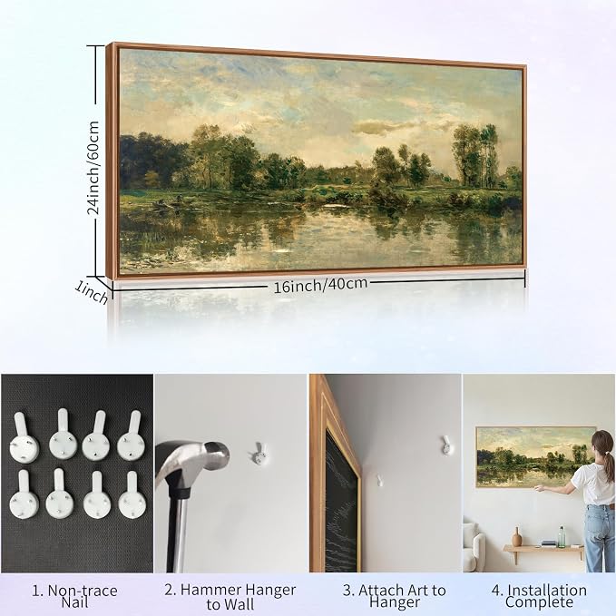 Tinonedraw Vintage Nature Framed Canvas Wall Art Set of 3, French Country Wall Decor, Rustic Landscape Farmhouse Art Paintings, Olive Green Trees Art Prints for Living Room Bedroom Office 20"x40"