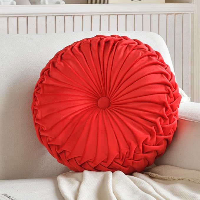 Teieas Round Throw Pillow Velvet Home Decoration Pleated Round Pillow Cushion for Couch Chair Bed Car Red