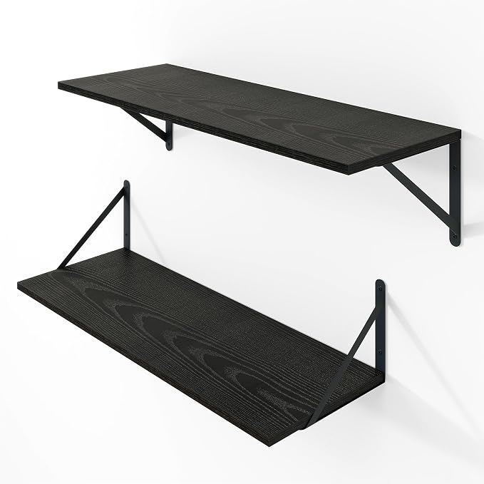 Vivelove Black Deep Floating Shelves for Wall, 24W x 8D Wood Wall Shelves Set of 2, Wide Floating Bookshelf for Living Room, Kitchen, Office, Bedroom and Decor Storage, with Metal Bracket - Black
