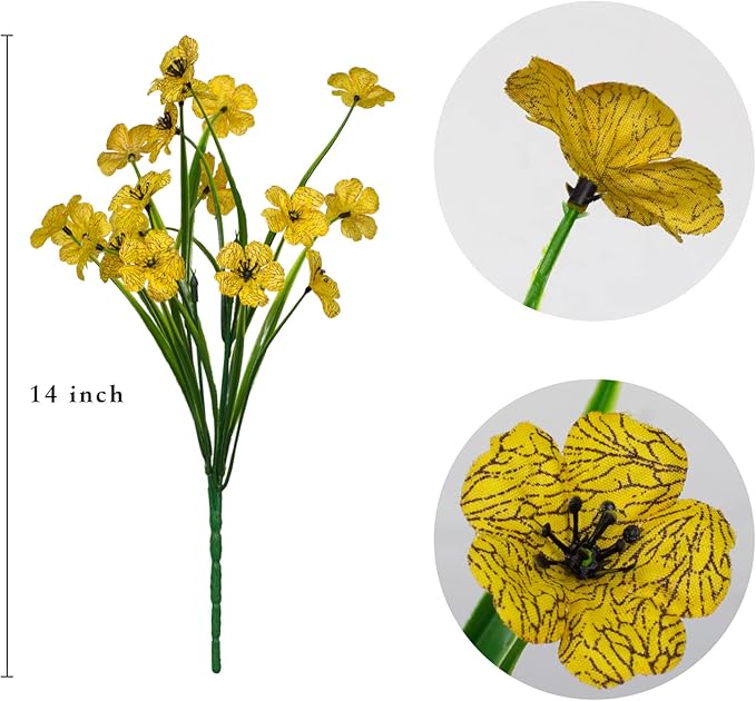LikSoor 21 Bundles Artificial Outdoor UV Resistant Flowers No Fade Fake Outside Flowers Plastic Greenery Faux Shrubs Garden Porch Window Box Home Decoration (Yellow)
