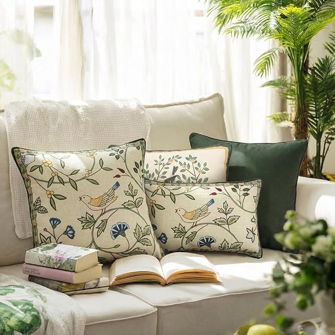 bilin gaier Designer Linen Throw Pillow Covers,20"x12" Set of 2-Idaho A | Vintage Elegant Rectangle Pillow Cover,Concealed Zipper,Floral and Bird Pattern,Sofas,Bedroom,Living Room,Lounge Chairs