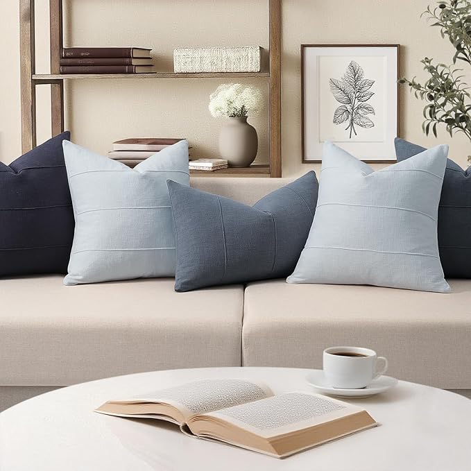 ZWJD Decorative Linen Throw Pillow Covers 18x18 Set of 2 Solid Handcrafted Striped Cushion Covers for Bed Soft Modern Farmhouse Neutral Pillowcase for Couch Bedroom Living Room Home Decor(Sky Blue)