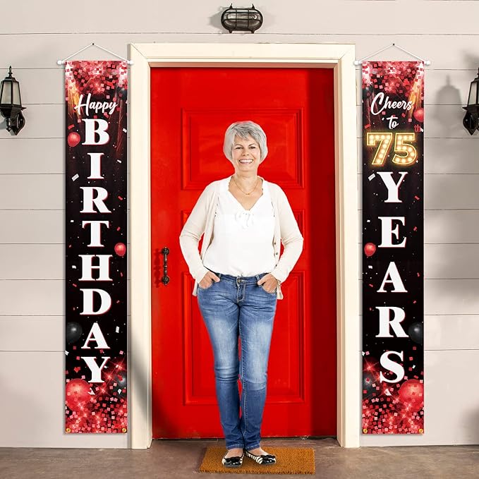 Happy 75th Birthday Porch Sign Door Banner Decor Red and Black β Glitter Cheers to 75 Years Old Birthday Party Theme Decorations for Men Women Supplies