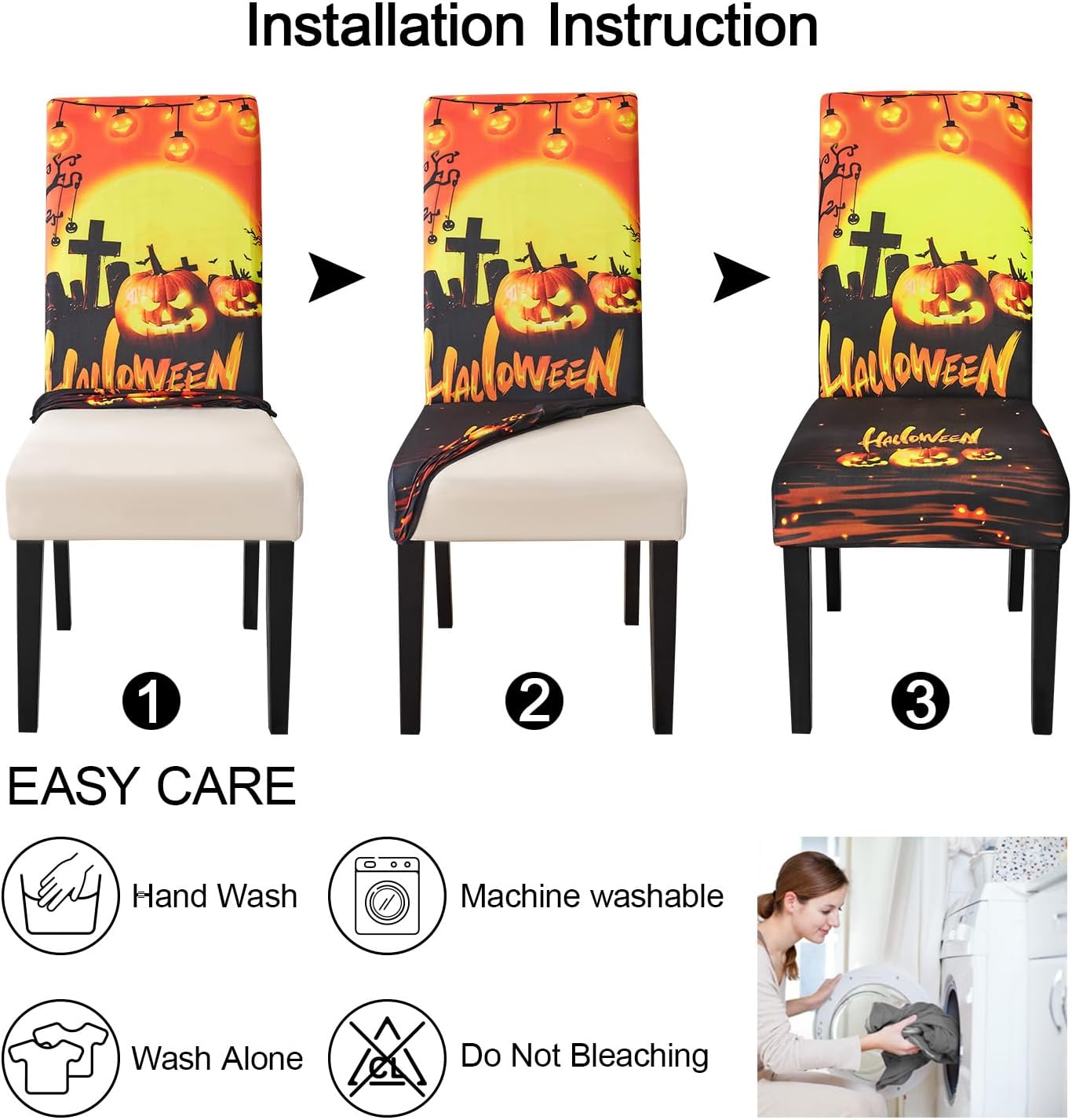 JQinHome Orange Halloween Chair Slipcover, Pumpkin Chair Covers Set of 6, High Stretch Washable Chair Protector Cover for Dining Room, Kitchen,Home Party,Wedding Ceremony(Orange,6PC)