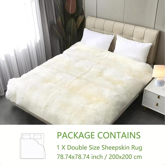 Woolous Large Sheepskin Rug, Genuine New Zealand Sheepskin Wool Mattress Topper or Soft Fluffy Ivory Shaggy Area Carpet for Bedroom, Living Room, 6.5 x 6.5 ft