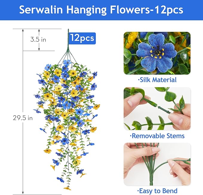 Serwalin 12PCS Artificial Hanging Flowers for Outdoors, UV Resistant Fake Hanging Plants, Realistic Weatherproof Outdoor Decor for Patio, Porch, Garden & Window (Yellow& Blue,12PCS)