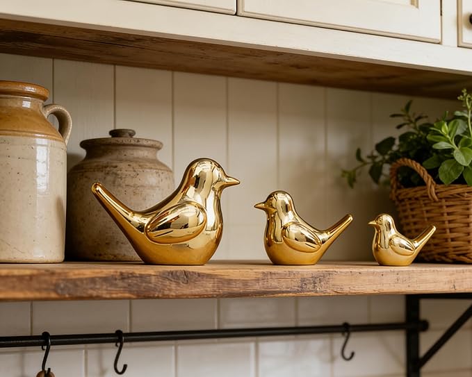 Small Gold Bird Statue Ceramic 2-Piece Set, 3¾ inch Cute Knick Knack for Home Office Shelf Desk Decor