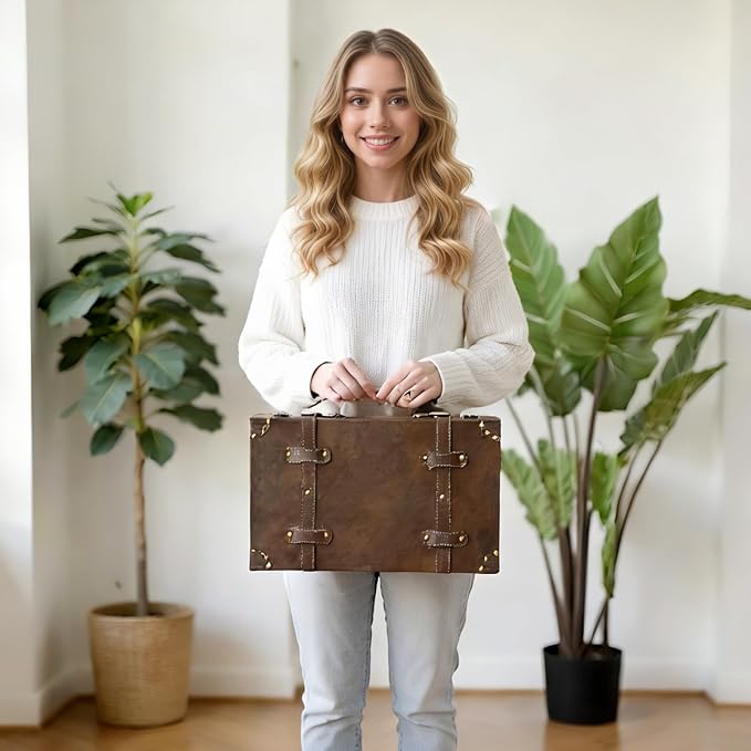 DECOR4SEASON Vintage Leather & Wood Storage Box – Compact Decorative Suitcase Chest with Classic Design, Perfect for Keepsakes, Travel, and Home Organization