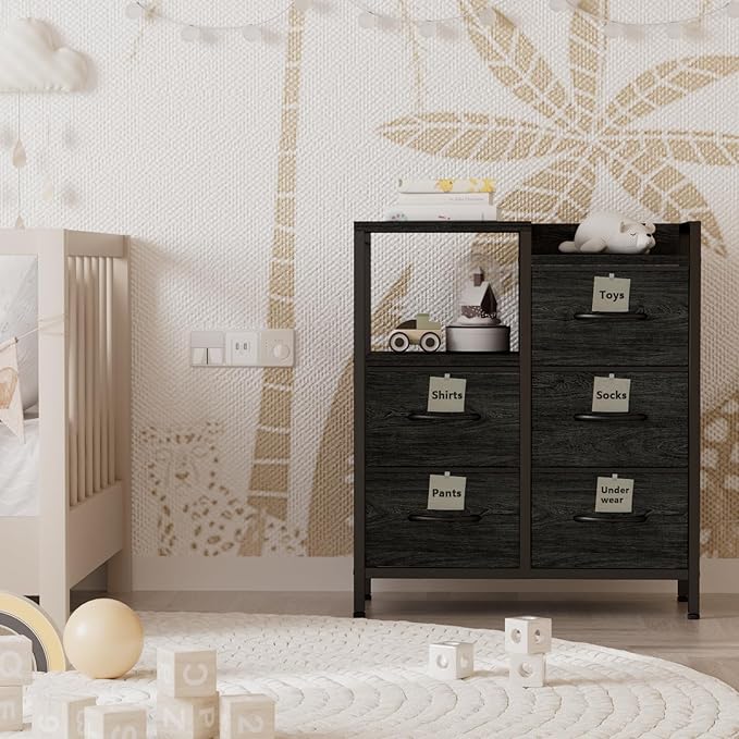 Furnulem 5 Drawer Black Dressers for Bedroom 2 Tier Shelf Storage Small Fabric Dresser for Closet Sturdy Metal Frame Modern Style Storage Cabinets Organization Units for Hallway Rooms