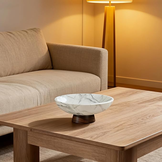 White Marble Texture Decorative Bowl with Acacia Wood Base – 11" Modern Pedestal Fruit Bowl for Table Centerpiece, Entryway or Kitchen Décor
