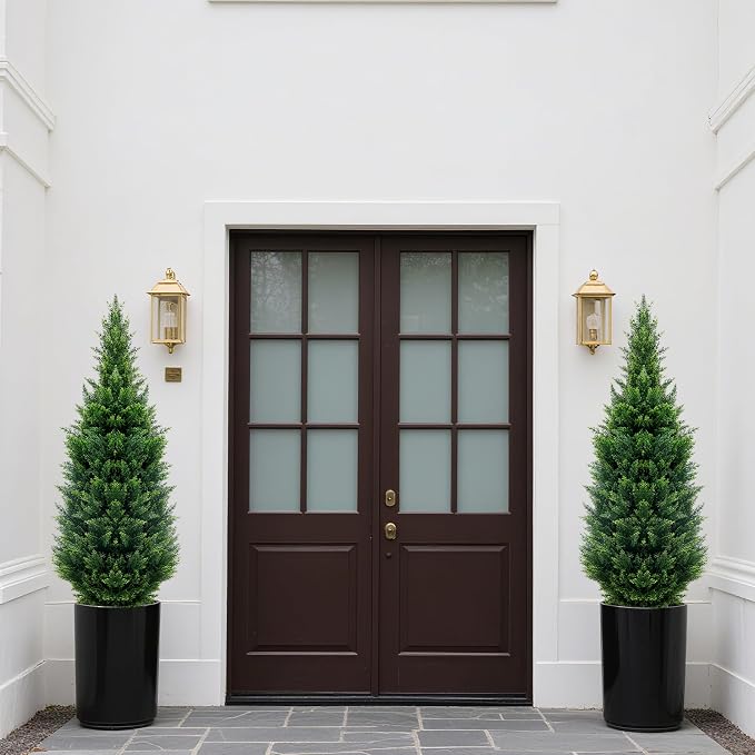 5Ft Artificial Cedar Topiary Trees (2-Pack) - UV Resistant Fake Shrubs with Ground Spike for Outdoor & Indoor Use, Front Porch, Garden Decor