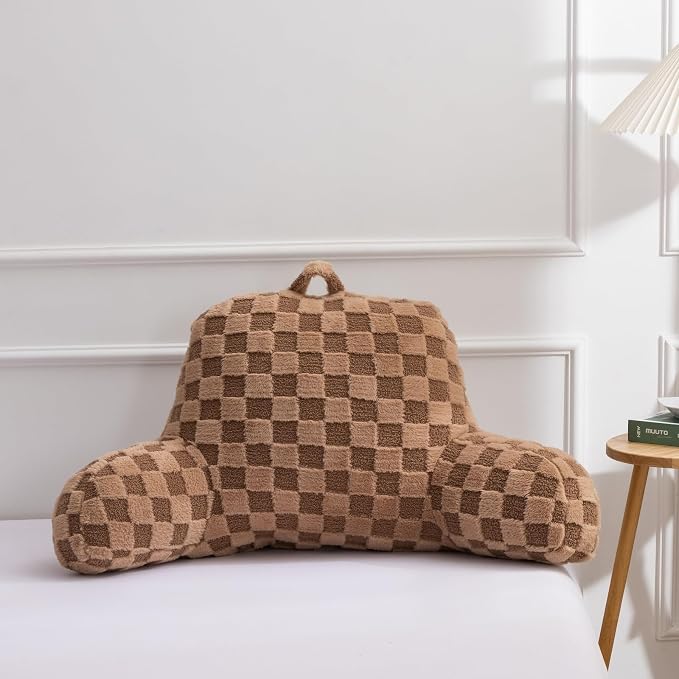 A Nice Night Faux Fur Reading Pillow,Checkered Fluffy Grid Plaid,Bed Wedge Pillow Large Adult Children Backrest with Arms for Bedrest,Brown