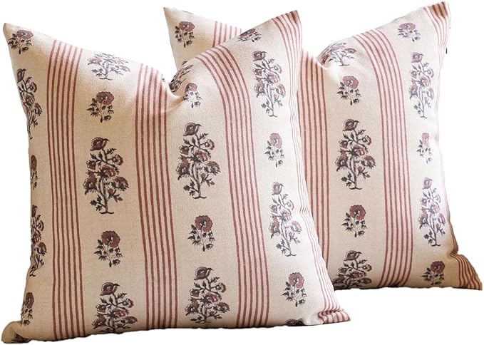 Amor Virisso Floral Throw Pillow Covers 18x18 Set of 2 Block Print Pillow Covers Neutral Floral Striped Farmhouse Decorative Pillow Covers for Sofa Couch Bed, Red