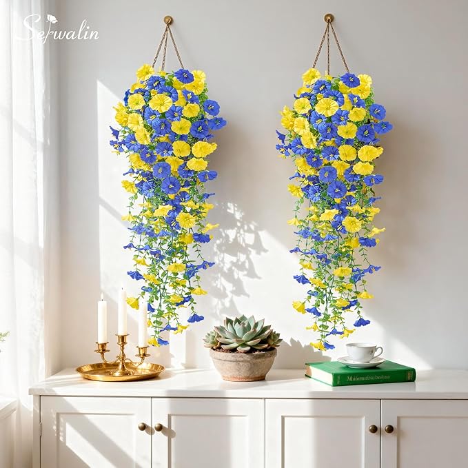 Serwalin Artificial Hanging Flowers for Outdoors Faux Plants, 4PCS Faux Morning Glory Fake Outdoor Flowers UV Resistant Realistic Silk Flower for Outside Planter Front Door Porch Patio Yard Decor