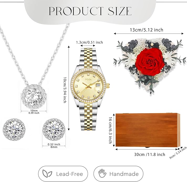 Birthday Gifts for Women-Preserved Roses Jewelry Set 925 Sterling Silver Necklace Earrings,Watches for Women,Wooden Jewelry Organizer-Mother’s Day, Anniversary,Thanksgiving,Christmas,Graduation Gifts