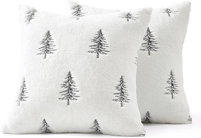 MIULEE Christmas Decorative Pillow Covers Set of 2 Faux Fur Throw Pillows with Embroidered Christmas Tree 18x18 Inch White Black Winter Couch Covers for Festival Sofa Bedroom Living Room Home Decor