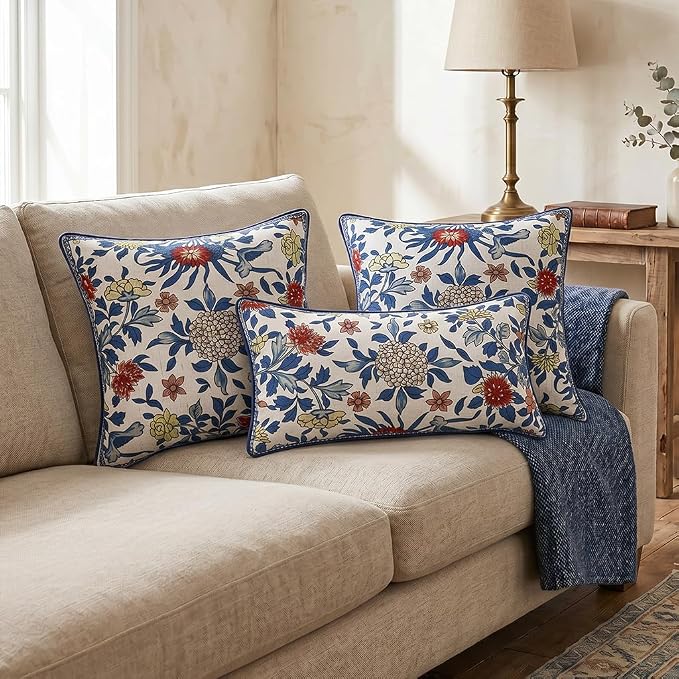 patdrea Designer French Vintage Linen Throw Pillow Cover,18"x18"-Ivar A | Decorative Pillow Cover,Blue and White Floral Pattern,Pillow Case for Couch Living Room Bedroom Sofa Outdoor