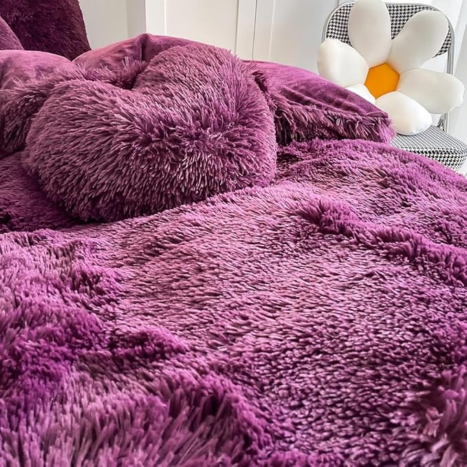 chovy Faux Fur Plush Grape Purple Comforter Sets King - Ultra Soft Shaggy Flannel Velvet Fluffy Fuzzy 3PC Bedding Set (Comforter x 1 Pillowcases x 2)