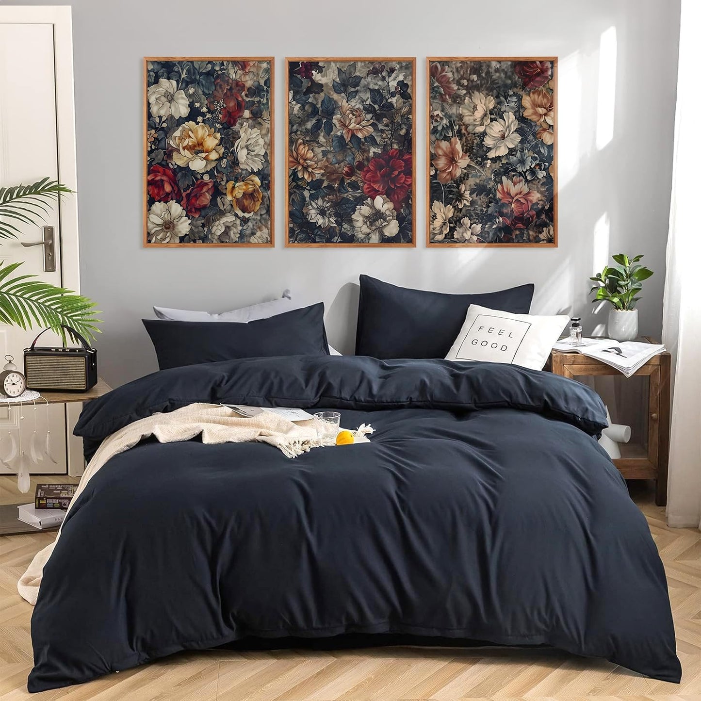 Aurlan Dark Moody Boho Wildflowers Wall Art Set(16"x24"), 3 Pieces Vintage Mid Century Modern Floral Framed Canvas Artwork, Large French Penoy Botanical Wall Decor for Office Bedroom Living Room