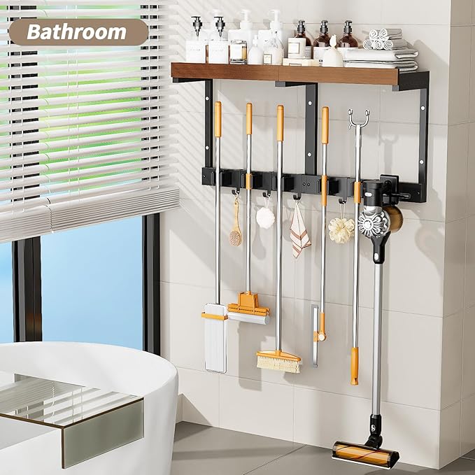 Broom Holder Wall Mount with Cleaning Supplies Organizer, Laundry Room Shelves with Mop Hanger Rack Gripper Hooks and Vacuum Organizer, Broom and Mop Organizer Wall Hanging for Home Garage Kitchen