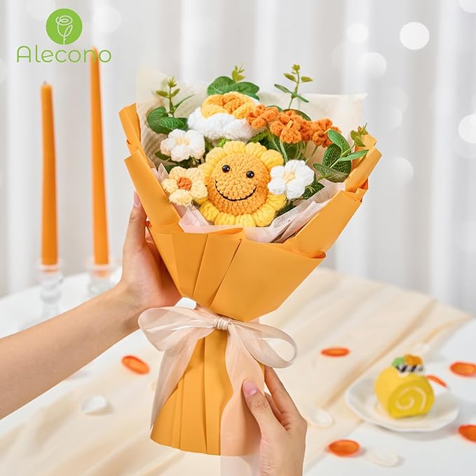 Alecono Crochet Flower Bouquet, Orange Smile Sunflower Knitted Flowers, Handmade Bouquet of Flowers for Mother's Day Graduation Anniversary Birthday Party Valentine's Day Gifts (Include Card)