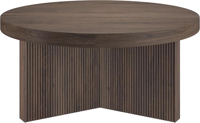 Henn&Hart 32" Fluted Round Low-Profile Coffee Table with Ribbed Pedestal Base Living Room, Family Room, Office, or Apartment, Rich Brown