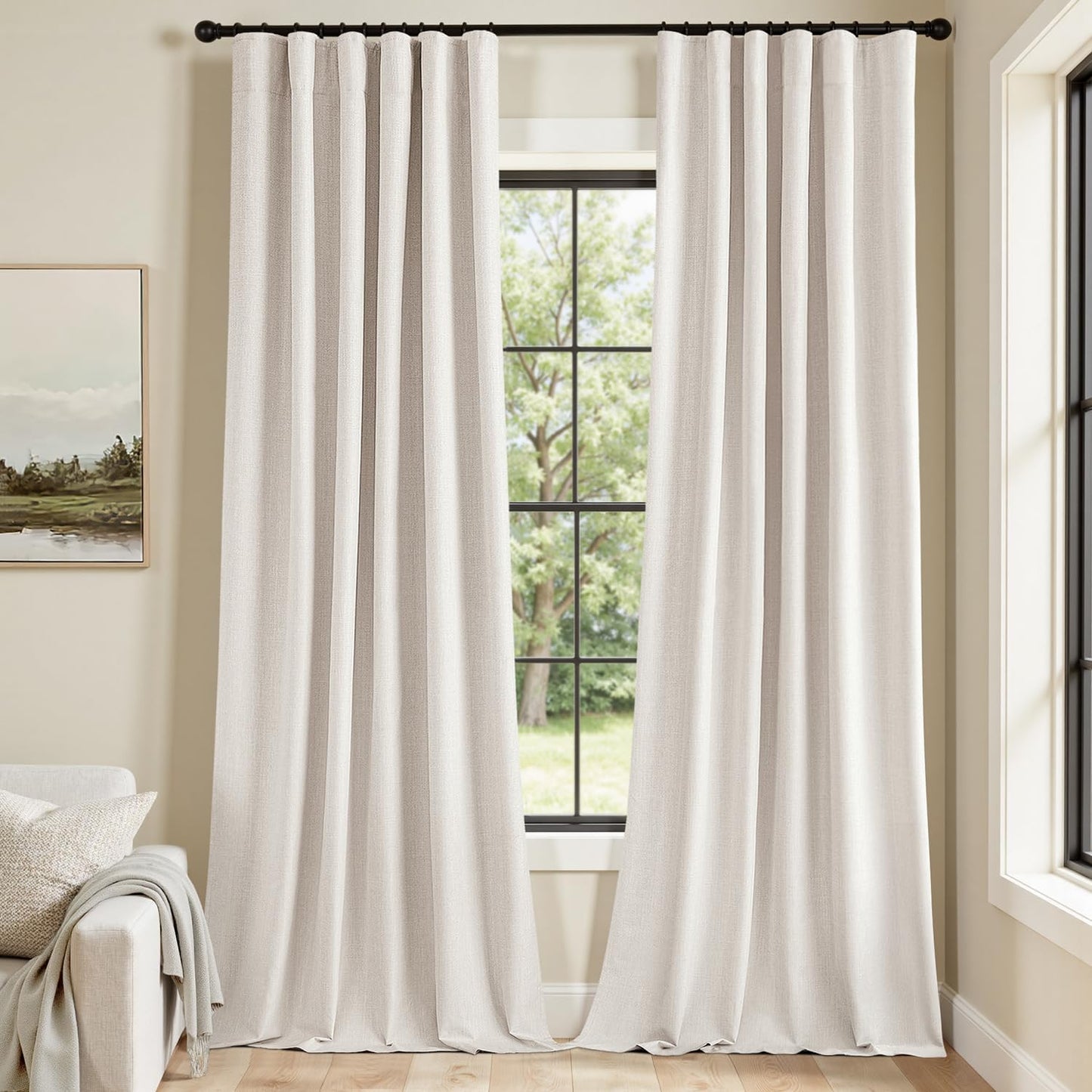 MIULEE 100% Blackout Curtains 120 Inch Long 2 Panels for Bedroom, Thick Luxury Faux Linen Black Out Curtain Room Darkening Back Tab Pleat Window Textured Drapes with Hooks for Living Room, Ivory