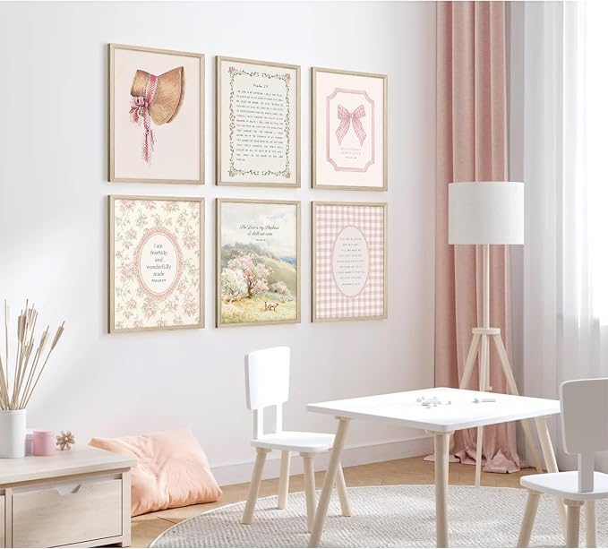 Christian Nursery Wall Art Bible Verse Canvas Wall Decor Pink Vintage Girls Nursery Poster Scripture Floral Bow Print Coquette Room Decor Pictures Jesus Artwork for Bedroom 8x10x6 Inch Wood Framed