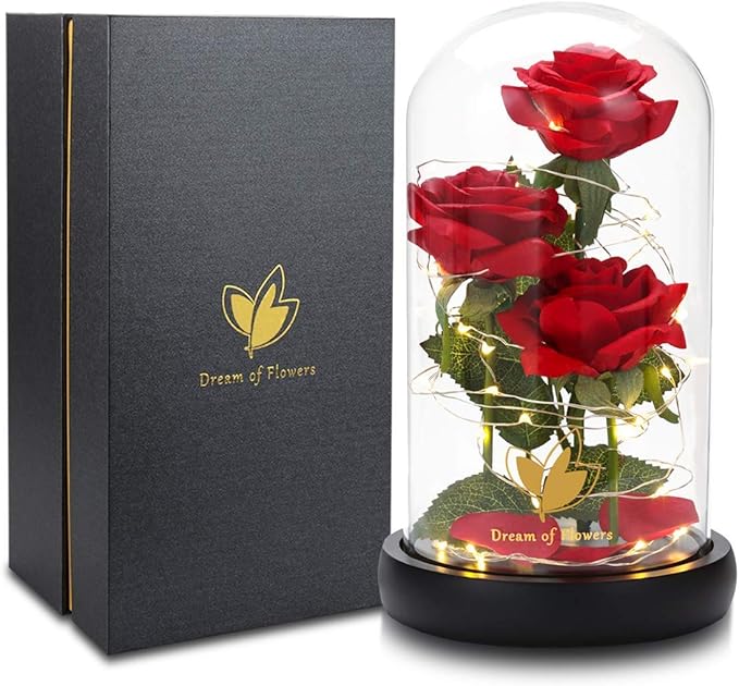 Beauty and The Beast Rose, Classic Red Rose with LED Lights and Falling Petals, Gifts for Women, Birthday Gifts for Women, Light Up Rose in Glass Dome, Valentine's Day Gifts for her