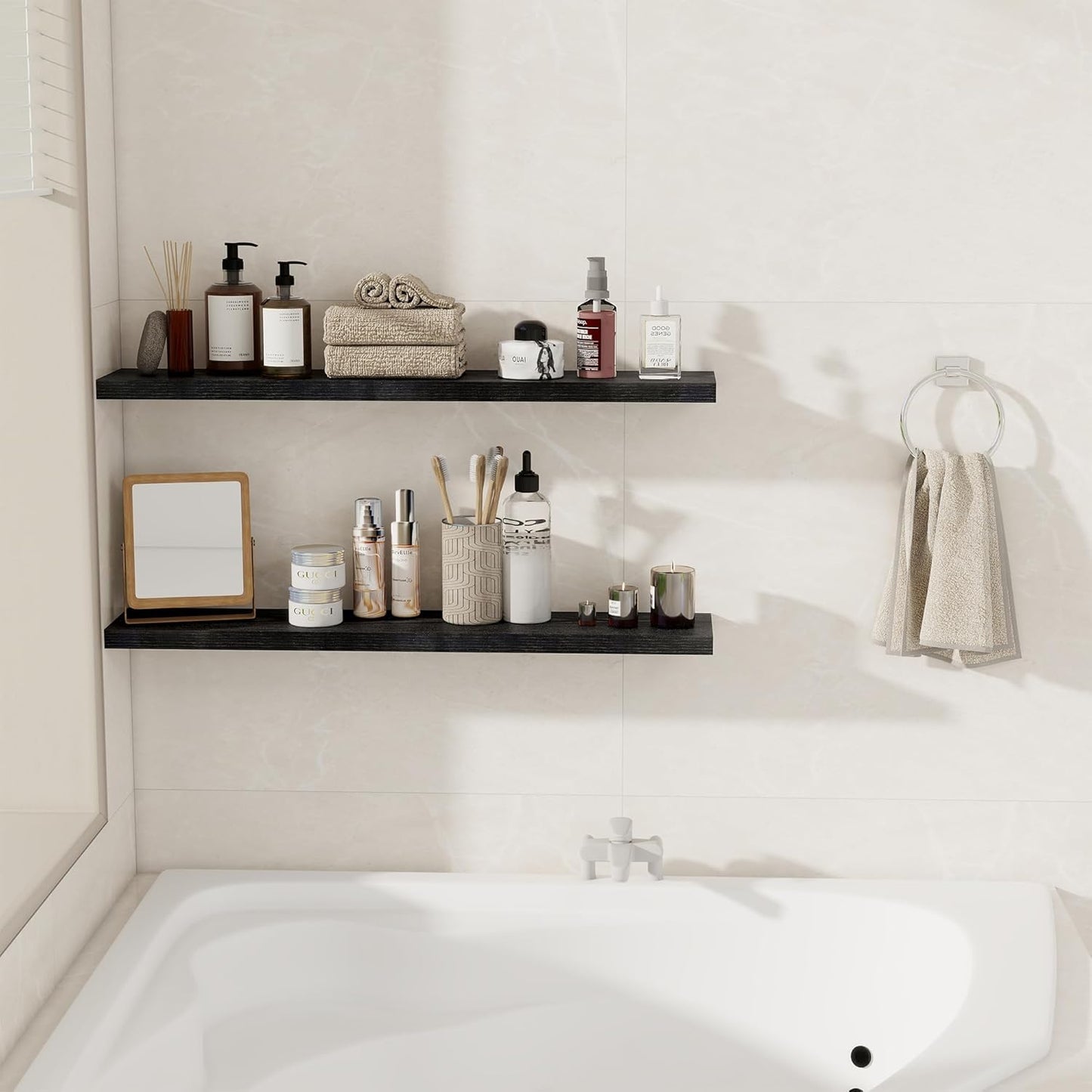 Fun Memories 36Inch Floating Shelves for Wall 2 Pack Wood Shelves for Kitchen, Bathroom, Bedroom Wall Mounted Rustic Wood Floating Shelf with Invisible Brackets for Books, Storage, Decor, Black