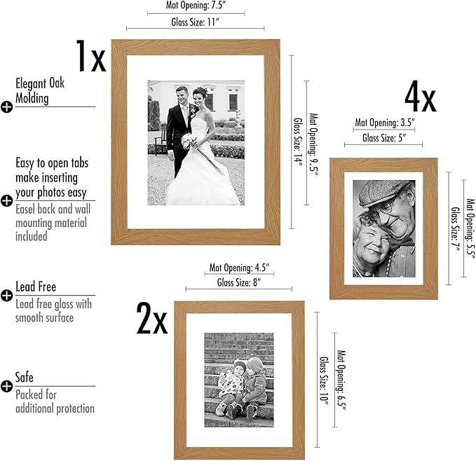 Americanflat Set of 7 Picture Frames with Shatter-Resistant Glass - Gallery Wall Frame Set with One 11x14, Two 8x10 and Four 5x7 Frames - Signature Collection - Dark Oak