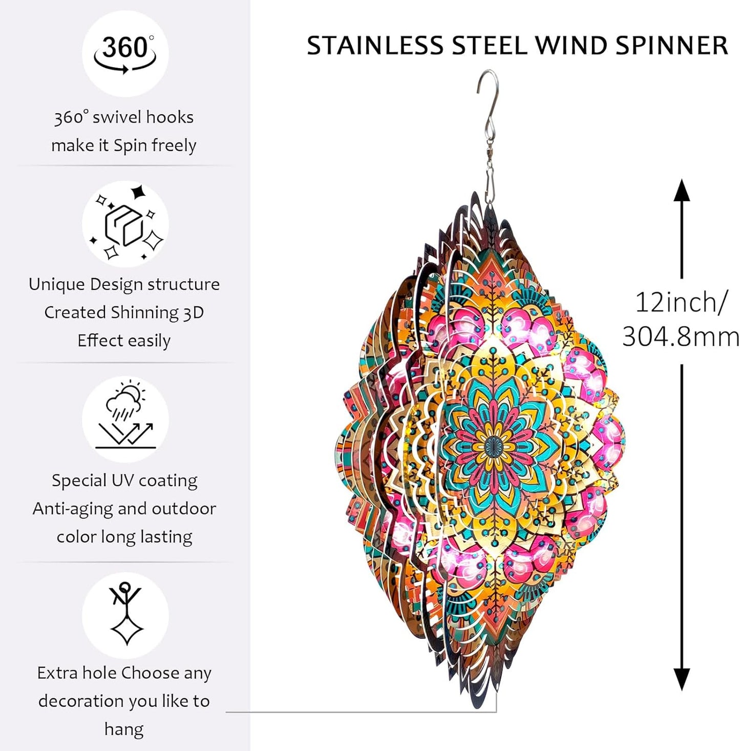 Wind Spinners Outdoor Mandala Lucky Star,Laser Cut Metal Kinetic Art Wind Spinner Gift for Christmas,12In Stainless Steel Hanging Yard&Garden 3D Wind Sculpture Decorations Indoor Spinners
