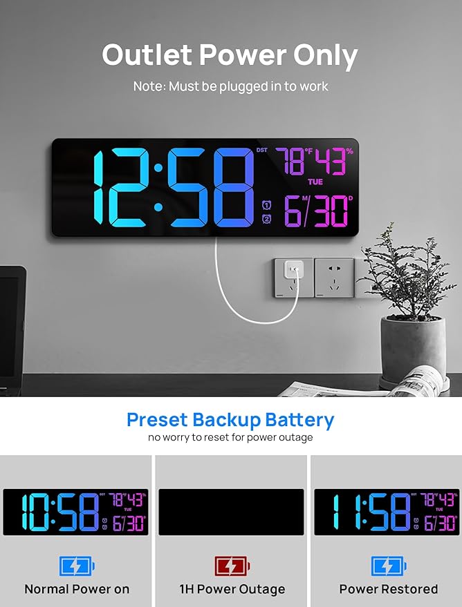 18.5" Large Digital Wall Clock with Remote Control, Big LED Display Digital Clocks with Night Light, Alarm, Countdown, DST, Temp, Date for Parlor, Bedroom, Office, Gifts for Seniors(Black)